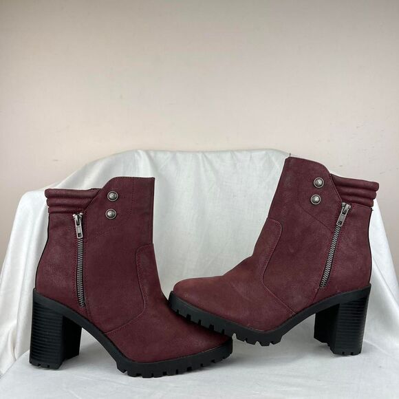 MIA Shoes - MIA Rider Lug Sole Ankle Boots Shoe Burgundy Wine Vegan Heel Zipper new size 10